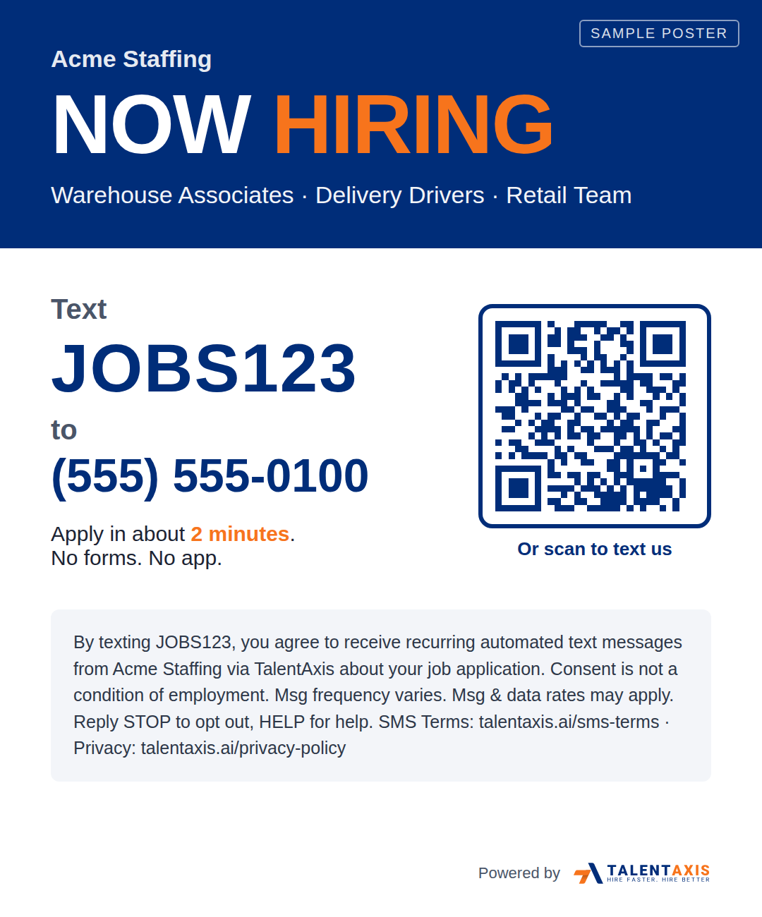 Sample text-to-apply poster: text JOBS123 to (555) 555-0100 to apply, with SMS consent, STOP and HELP disclosure